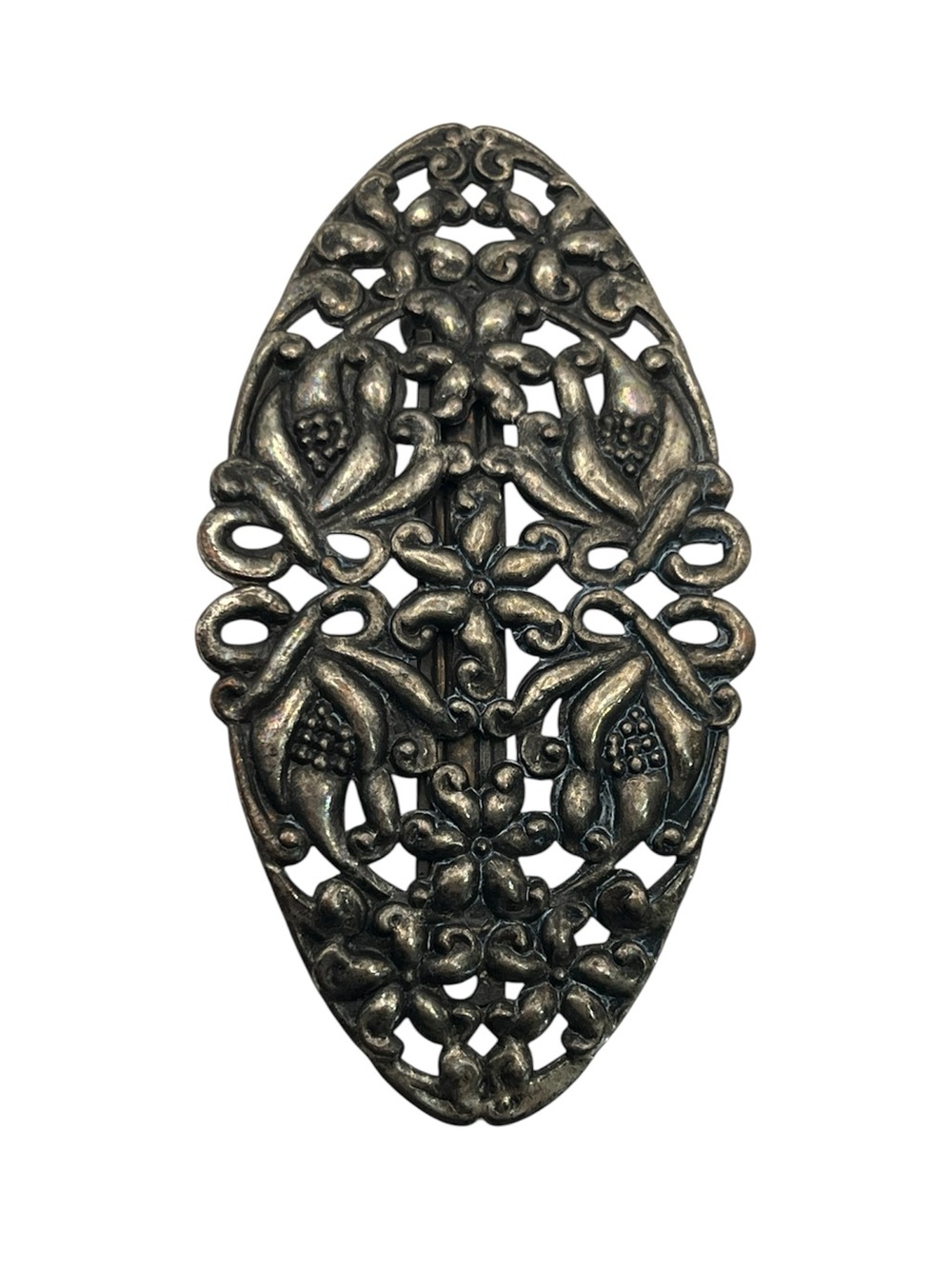 Art Nouveau style silver tone flower filigree oval hair clip barrette